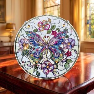 Hand Crafted Stained Glass Butterfly Diamond Art Piece